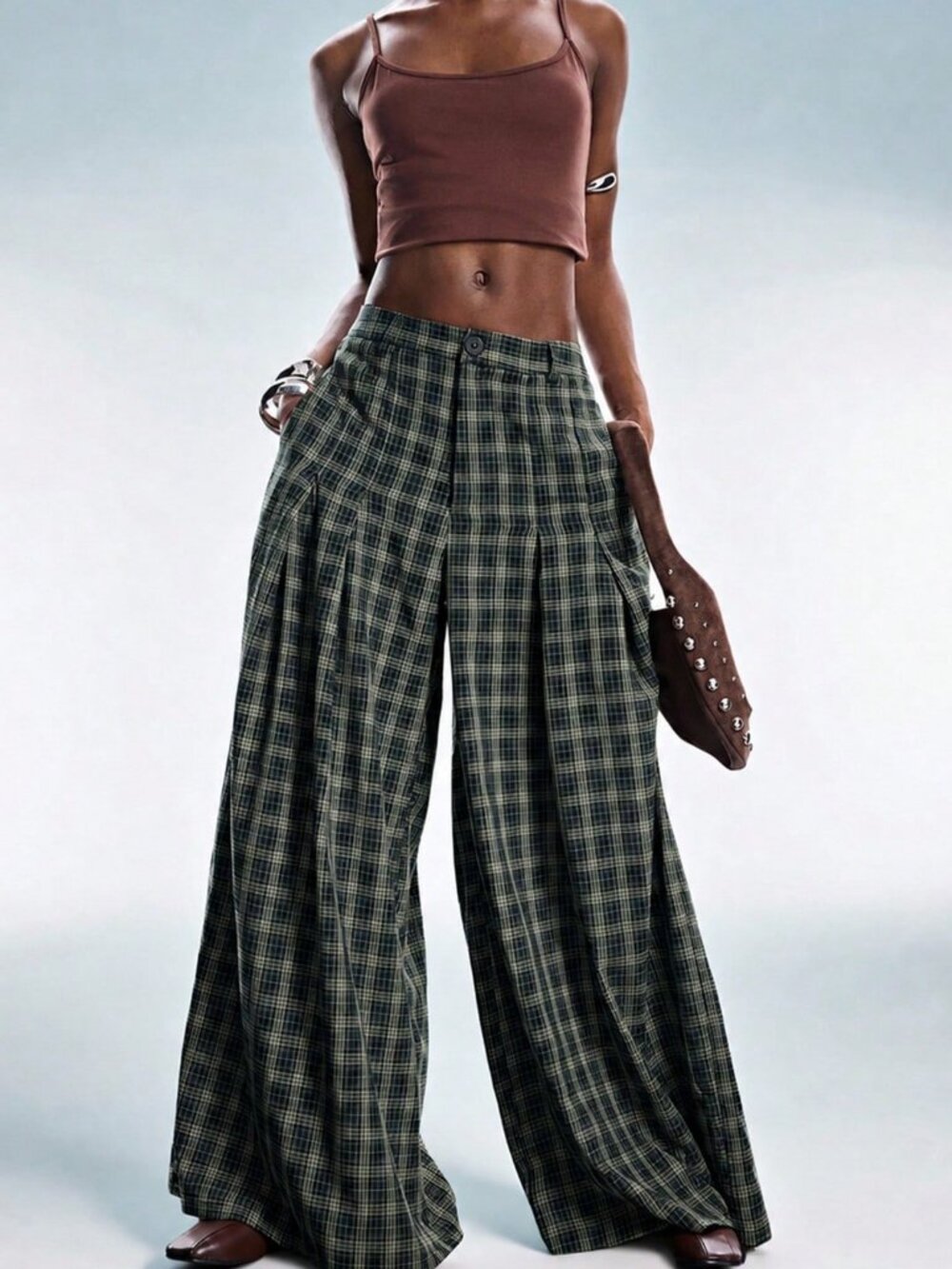 Green Casual Women's Plaid Regular Fit Loose Wide Leg Long Pants - Picture 3 of 6